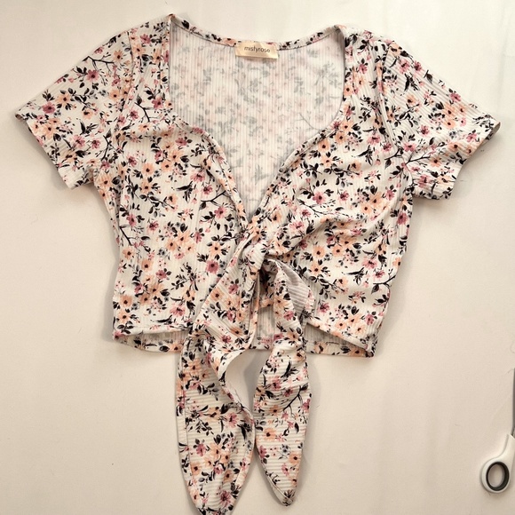mistyrose Women Ribbed Floral Front Tie Short Sleeve Crop Top Sz S Y2K Fairy - Picture 1 of 8